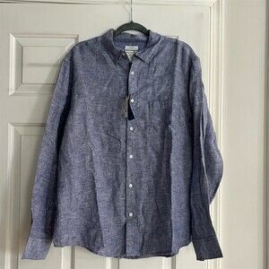 Caribbean Joe Button-Up Shirt Men's L Blue Chambray Long Sleeve Linen